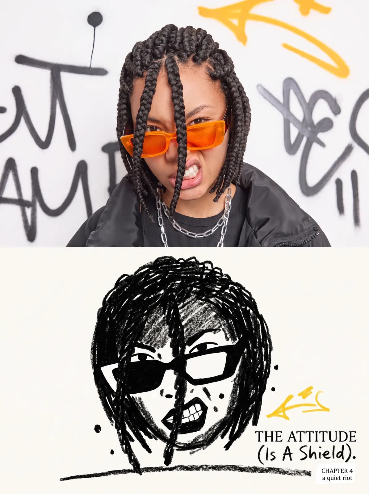Poster split in two: the photo on top, a black wax-crayon drawing of the same face with a small orange mark below