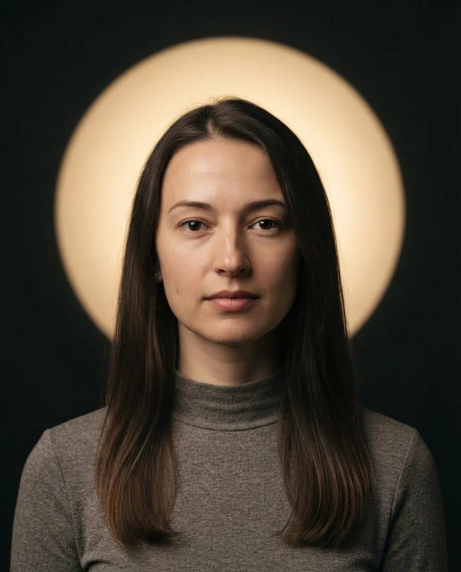 Studio portrait with a glowing circle of light on the backdrop directly behind the head
