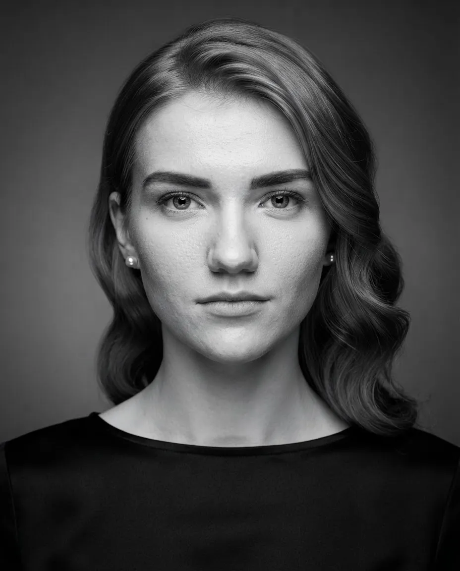 Classic Hollywood-style studio portrait with a butterfly shadow under the nose on a grey backdrop