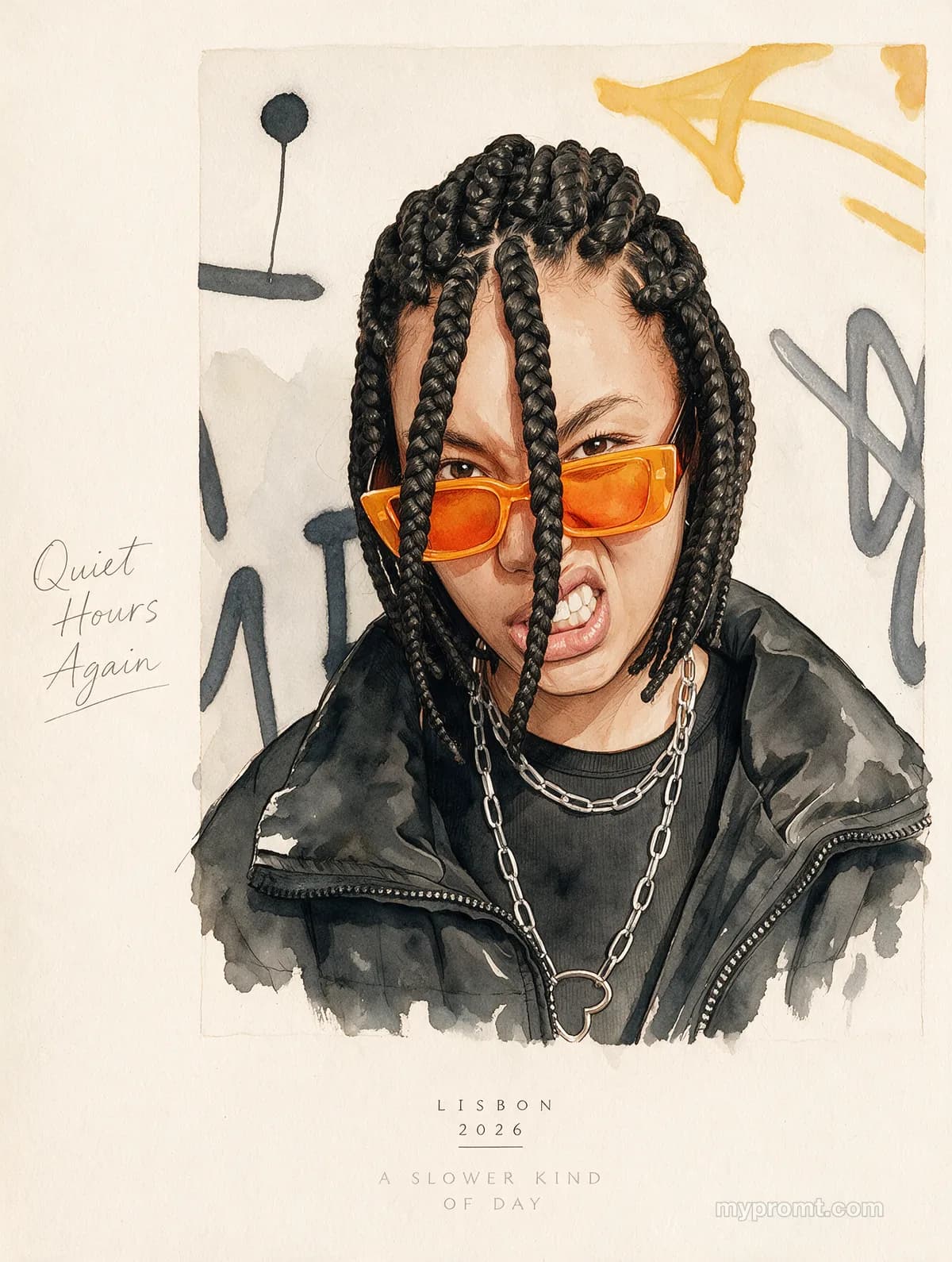 Ink and watercolour art print on ivory paper of a person with braids and orange sunglasses, captioned Quiet Hours Again, Lisbon 2026