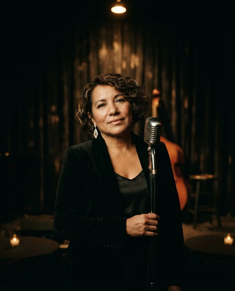 Woman at a vintage microphone on a small jazz club stage lit by a single warm spotlight