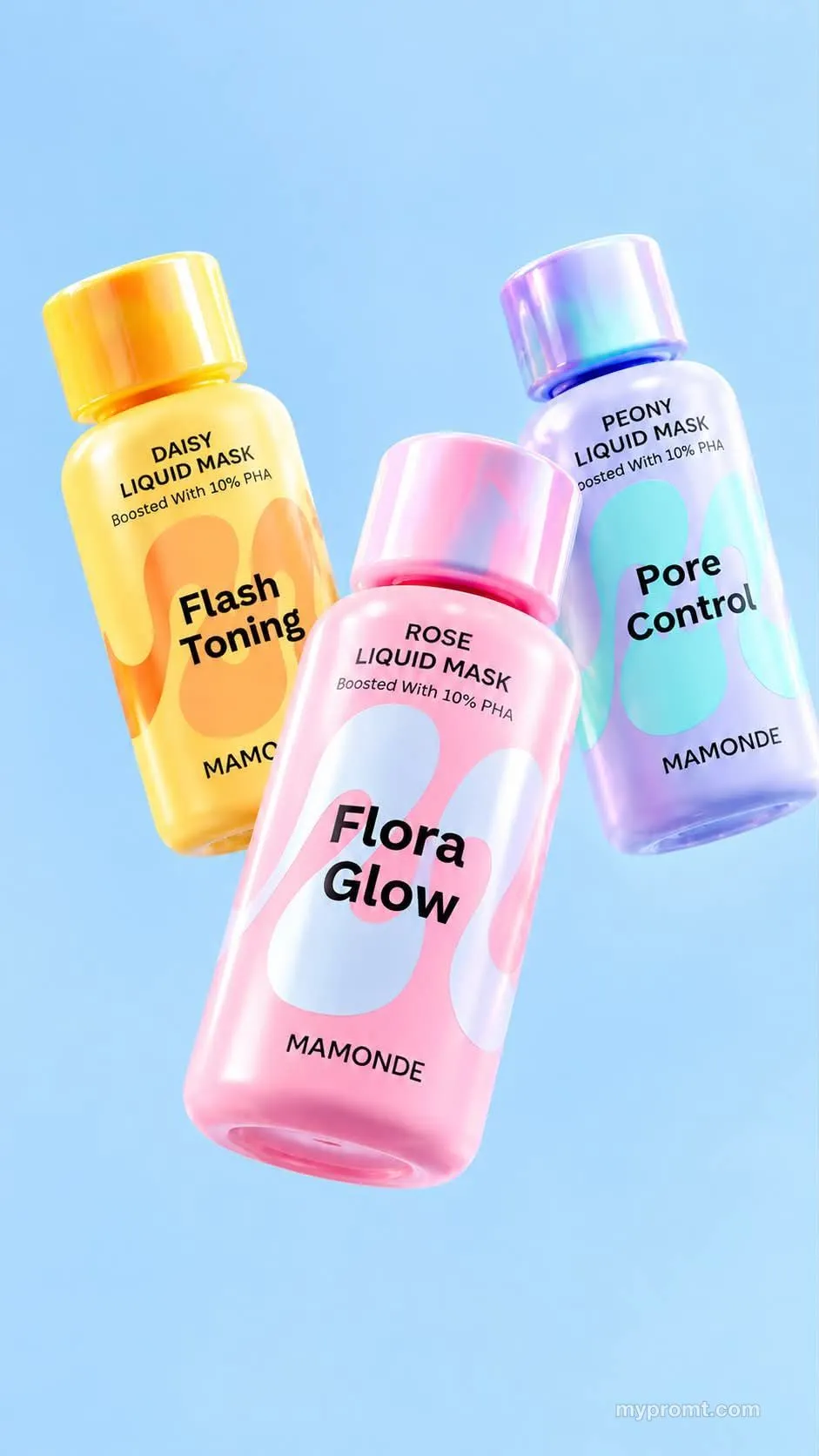 Product photo of three pastel liquid-mask bottles on a sky-blue background, used as the reference