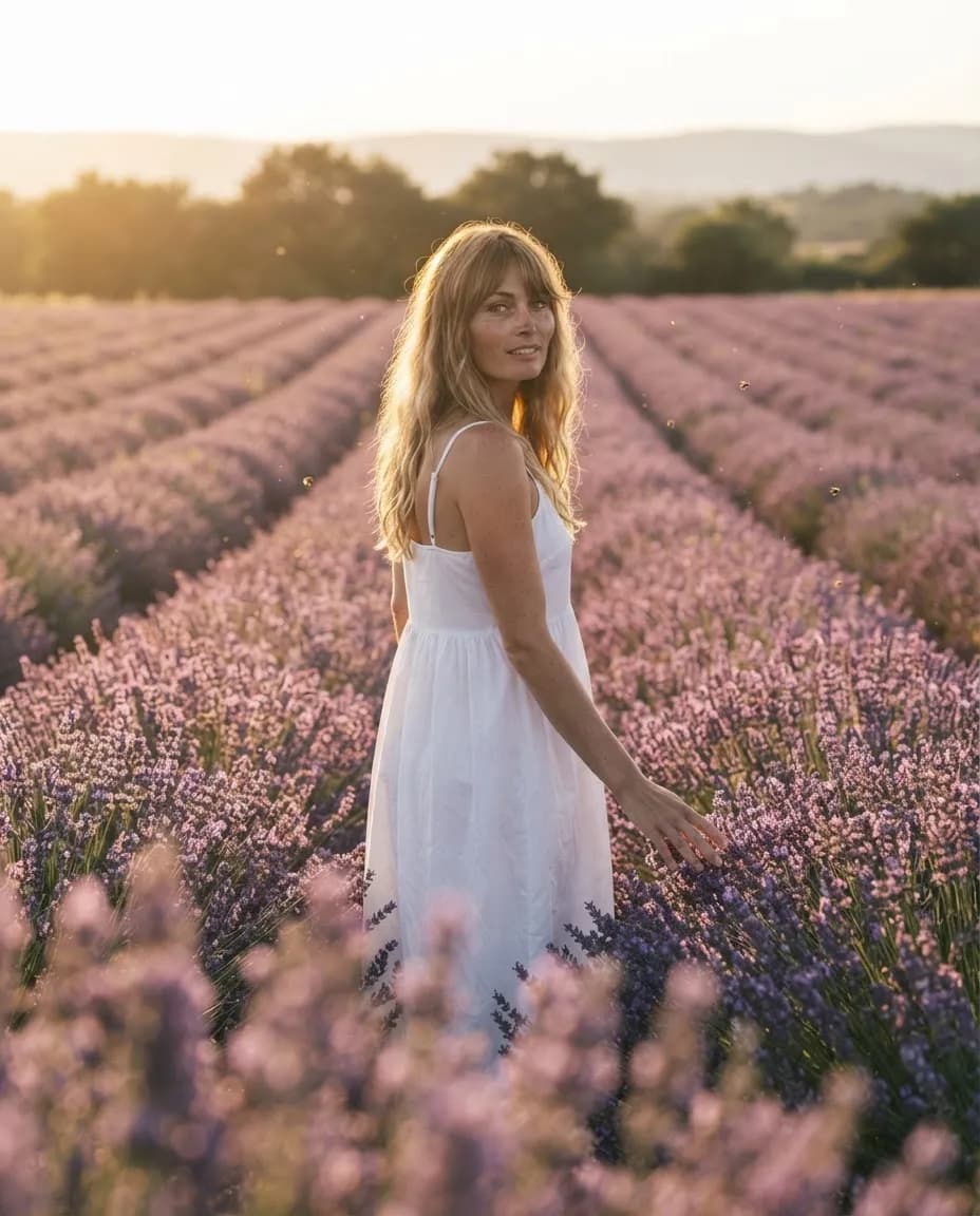 Woman in a white sundress walking between rows of blooming lavender with the sun low behind her