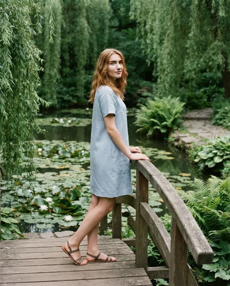 Young woman on a wooden footbridge over a lily pond in a lush botanical garden