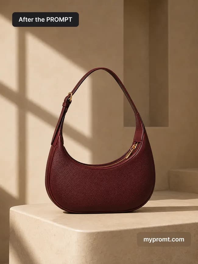 Burgundy leather shoulder bag standing on an ivory limestone pedestal with soft window shadows