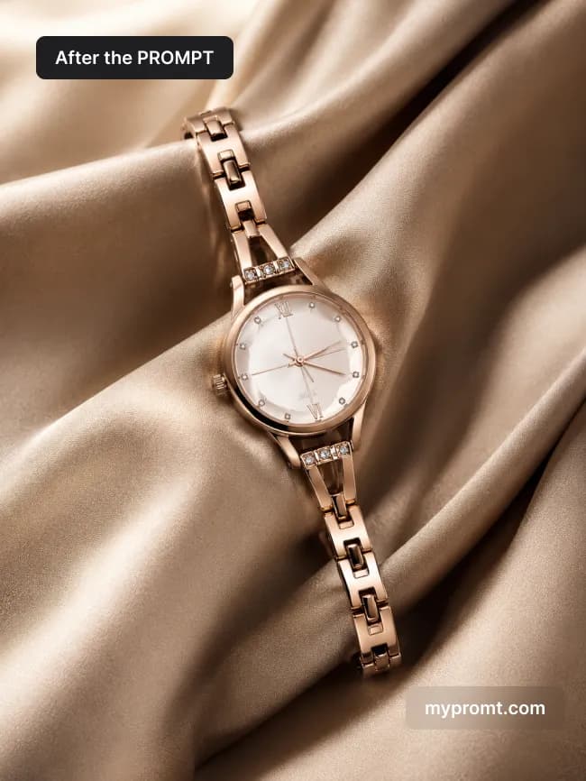 Rose-gold watch resting in sculptural folds of champagne silk under soft studio light