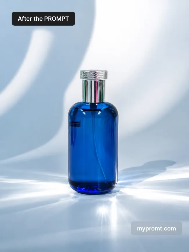 Blue glass bottle on a white studio backdrop with crystal light caustics across the floor