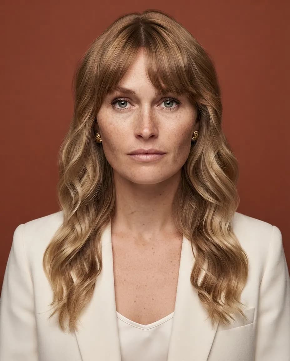 Studio beauty portrait of a woman in an ivory blazer against a terracotta backdrop, magazine cover lighting