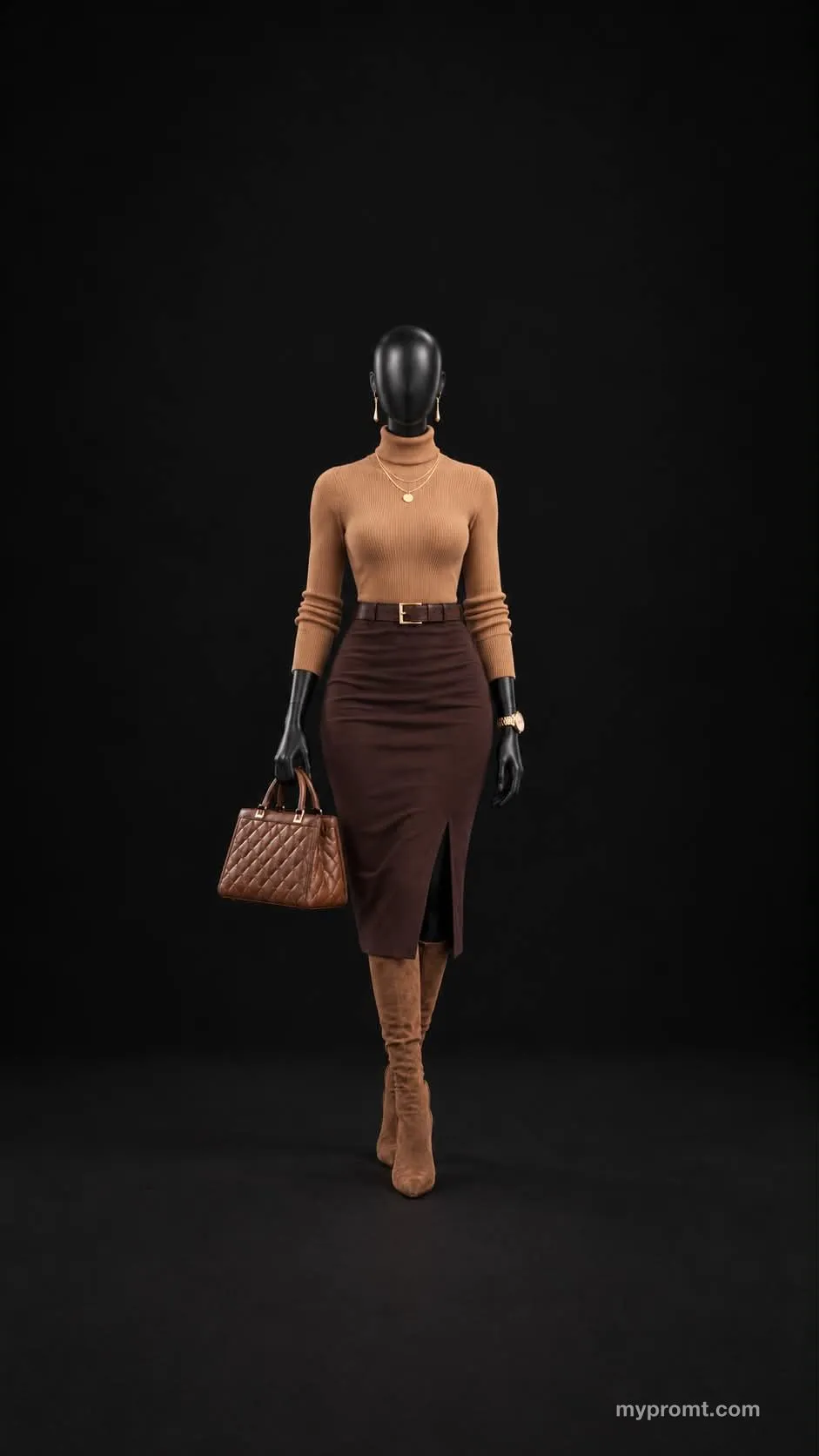 Reference photo of a black mannequin in a camel turtleneck, brown skirt and quilted handbag