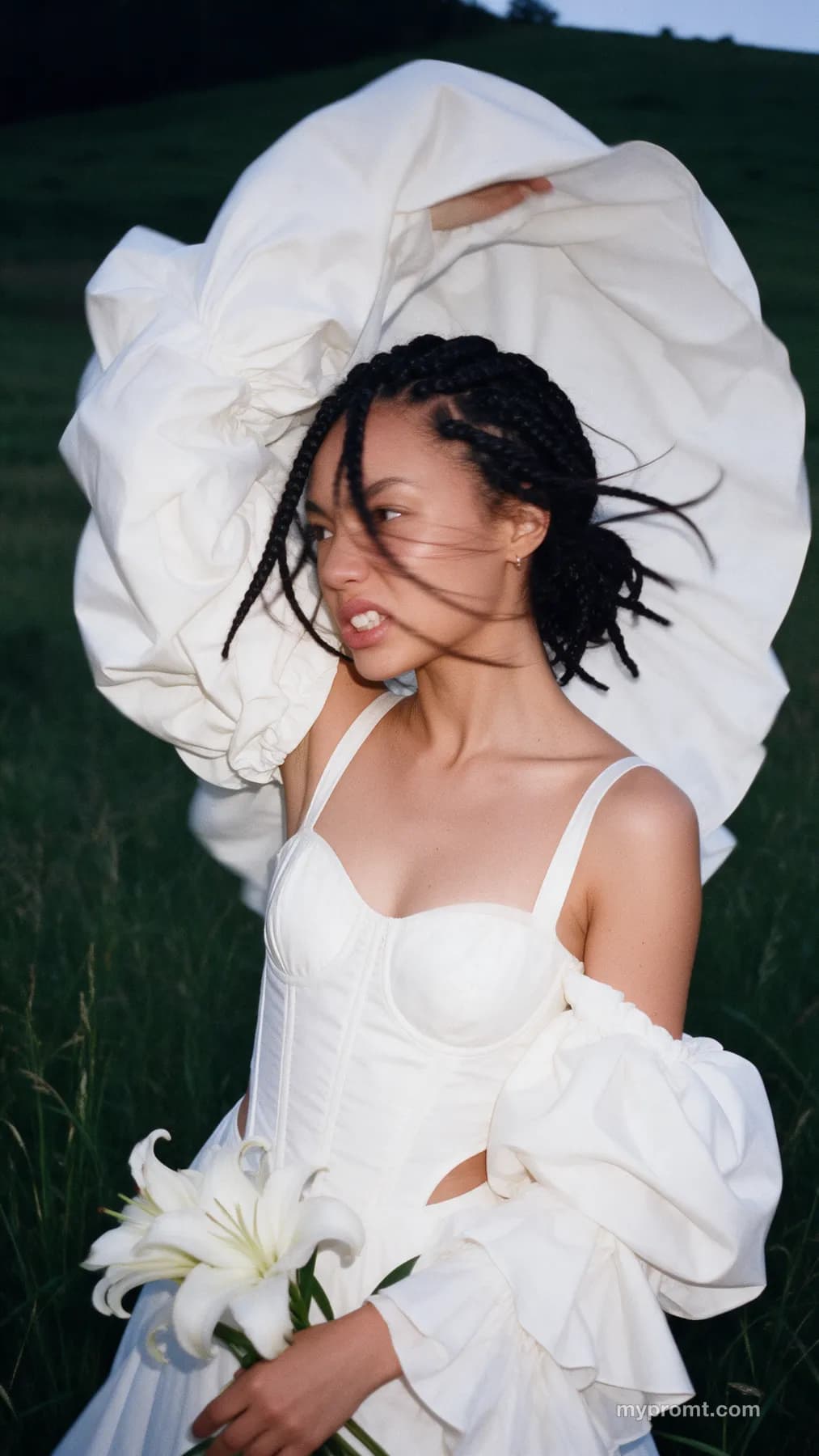 Flash photograph at dusk of a woman in a white corset dress with a huge ruffled sleeve raised over her head, holding white lilies in a dark green meadow