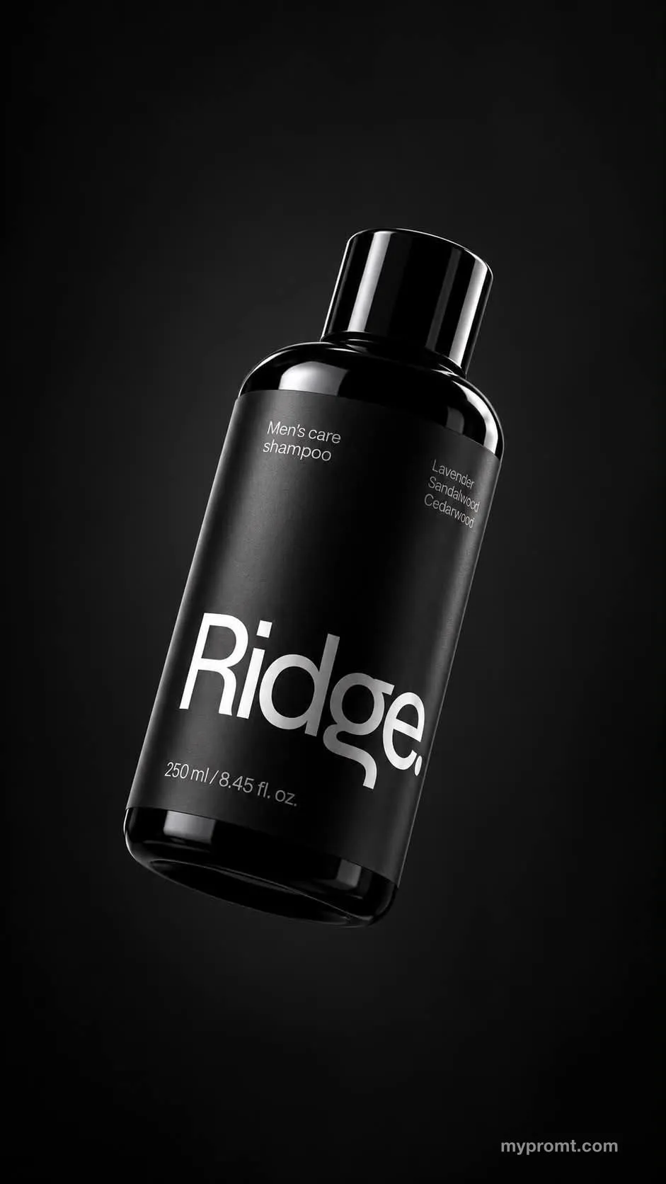 Product photo of a black Ridge shampoo bottle on a dark background, used as the reference