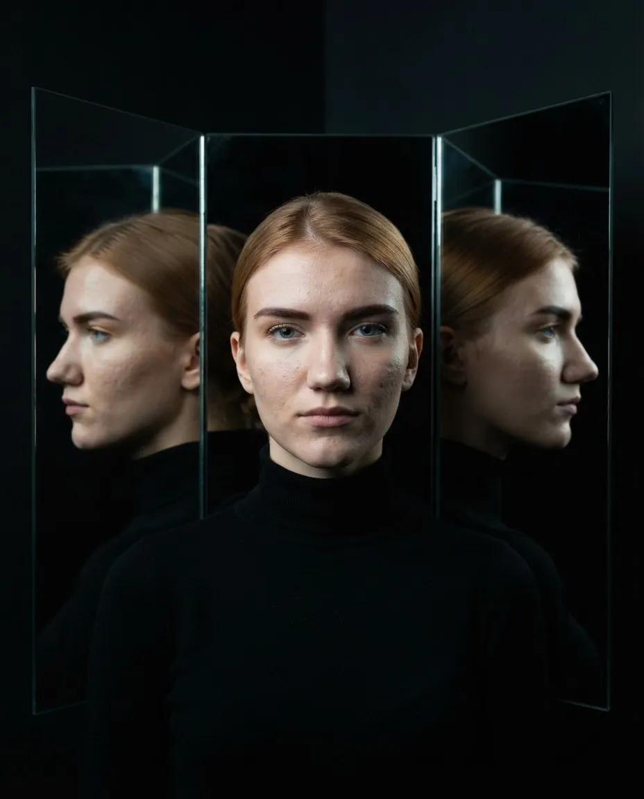 Studio portrait multiplied into several reflections by angled mirrors around the subject