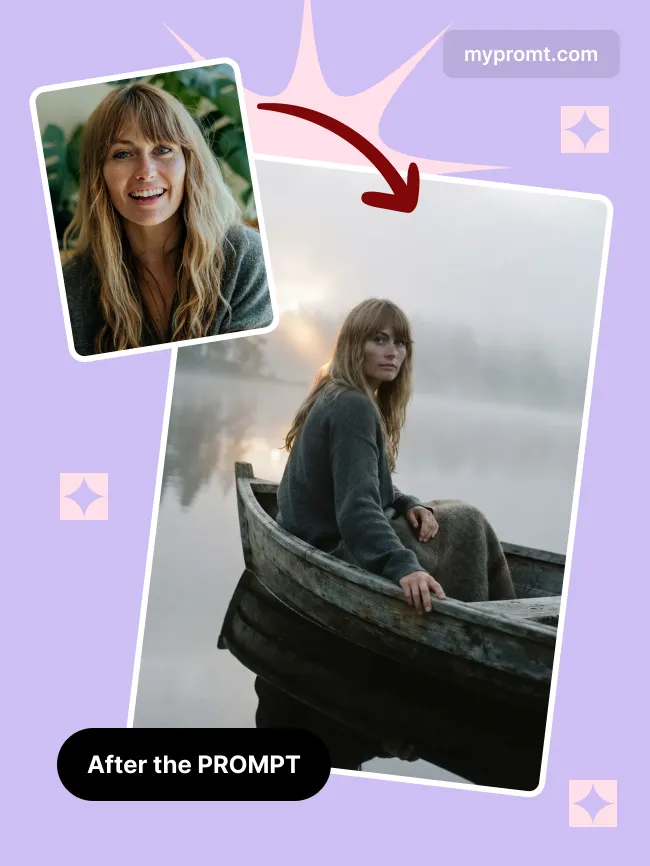 Misty lake rowboat dawn portrait — example 2