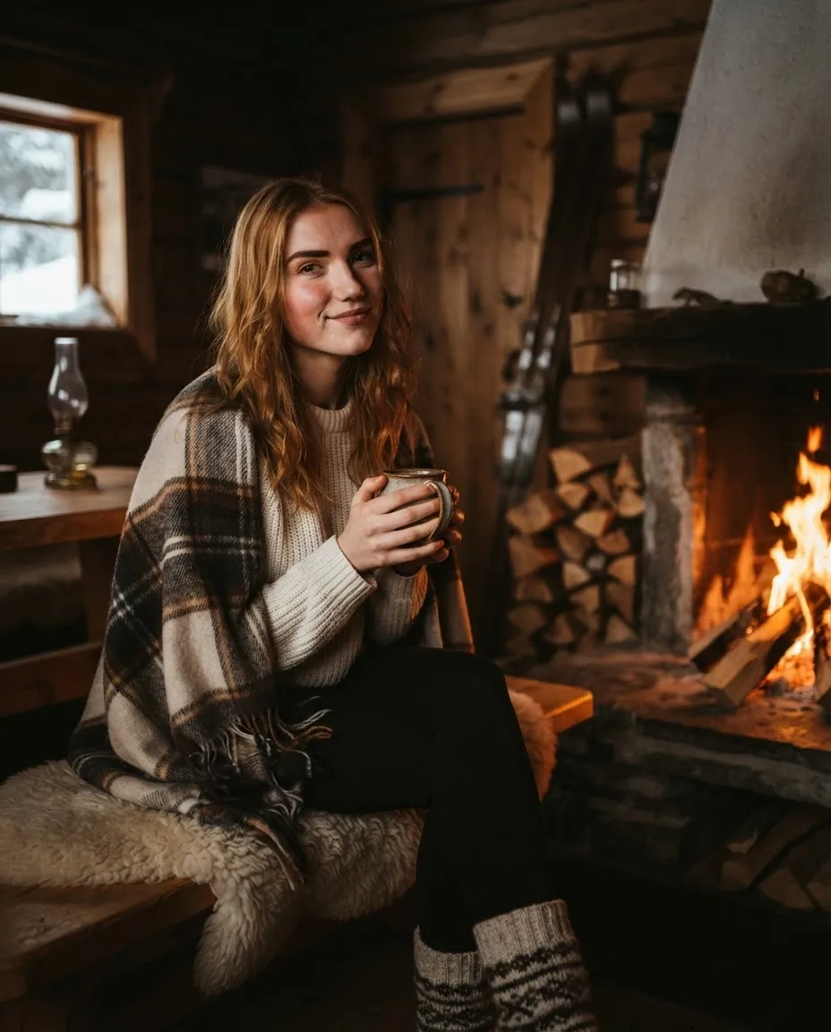 Young woman wrapped in a wool blanket by a stone fireplace in a wooden mountain hut