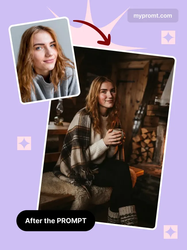 Mountain hut fireplace portrait — example 2