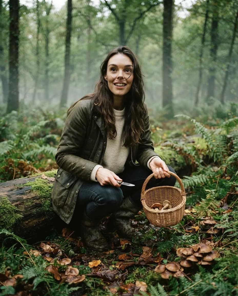 Young woman with a wicker basket foraging mushrooms in a mossy forest under soft grey light