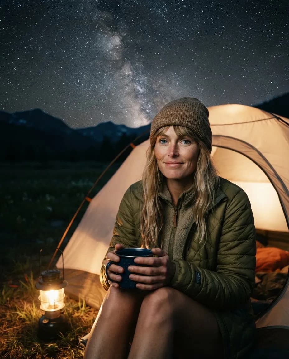 Woman sitting outside a glowing tent at night lit by a lantern, with a starry sky above