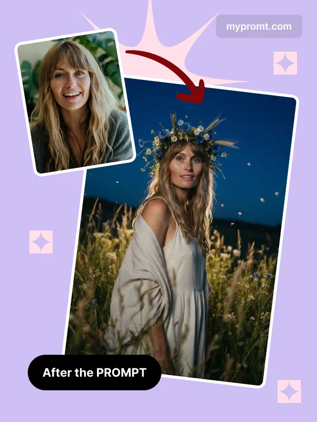 Night field portrait with wildflower crown — example 2