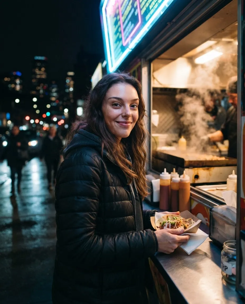 Young woman at a food truck window at night lit by a neon menu board and warm interior light