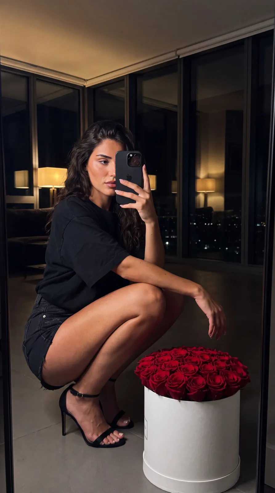 Night mirror selfie with red roses — example 2