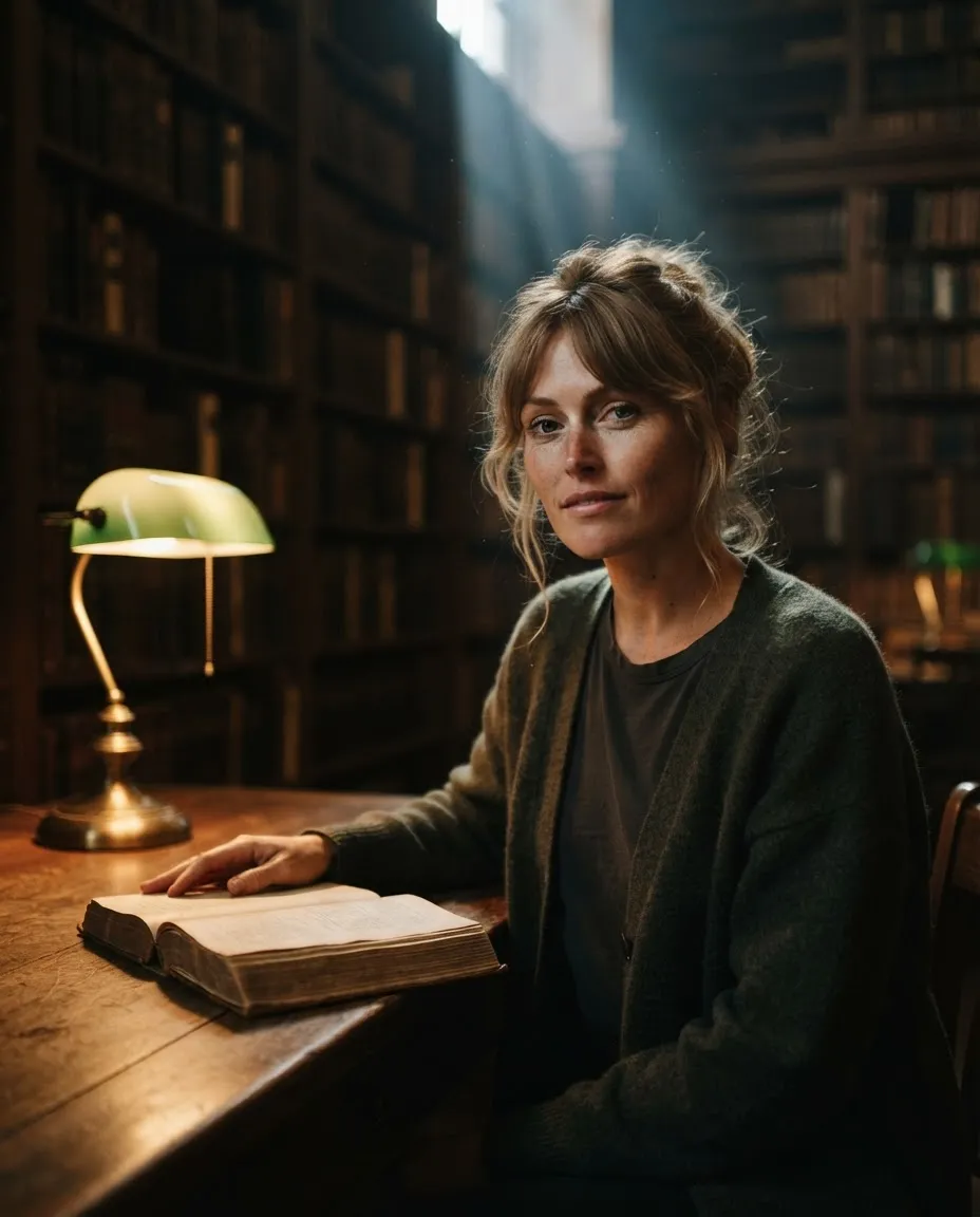 Woman reading at a wooden desk in an old library, warm lamp light and tall bookshelves behind her