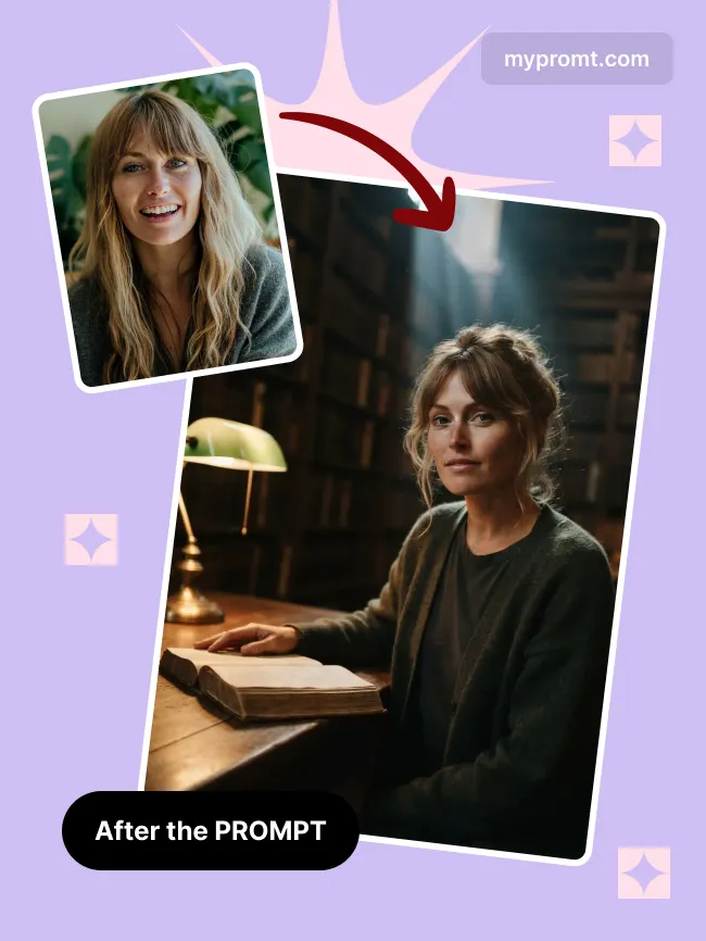 Old library warm lamp portrait — example 2