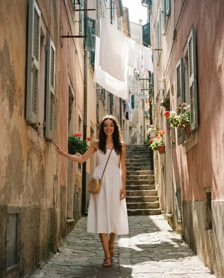 Young woman in a narrow old town alley with laundry strung overhead and a shaft of sunlight