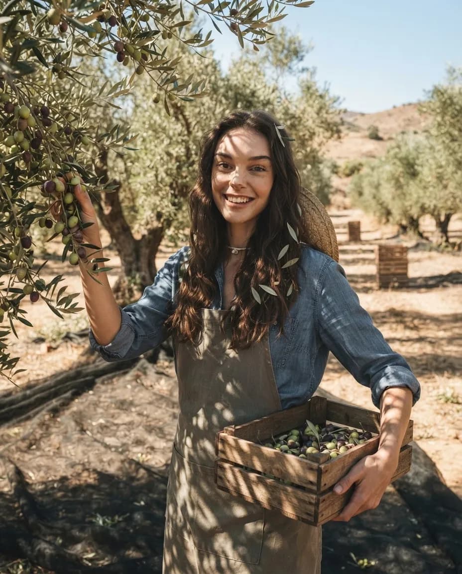Young woman harvesting olives among silver-leafed trees with nets spread on the ground
