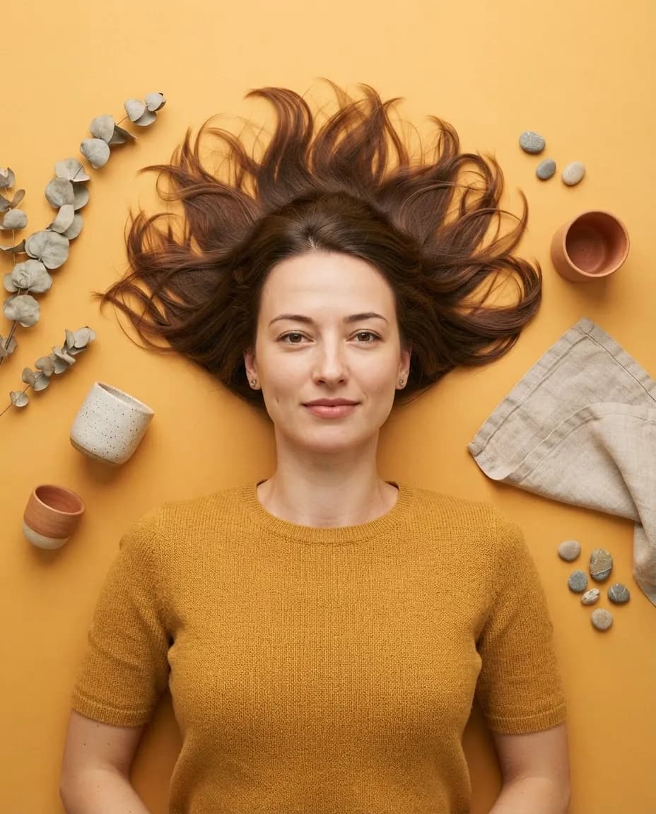 Overhead studio portrait of a woman lying on a coloured backdrop with objects arranged around her head