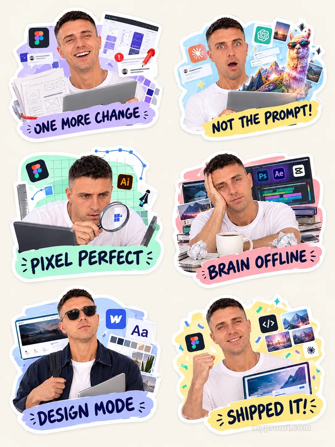 Sheet of six die-cut stickers of a man in a white T-shirt, each with design-work props, app logos and a short caption such as Pixel perfect and Shipped it