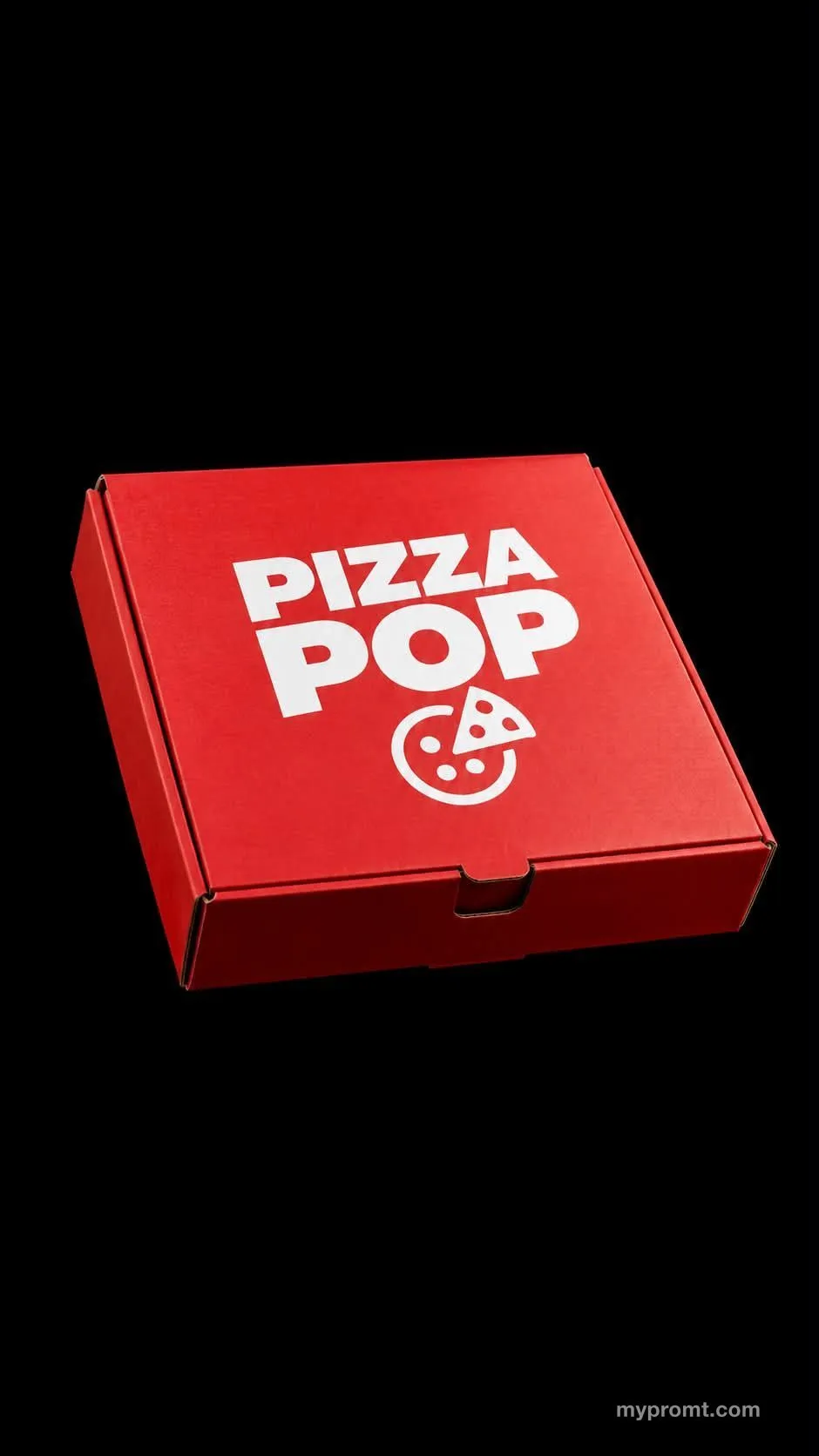 Product photo of a red PIZZA POP box on a black background, used as the reference