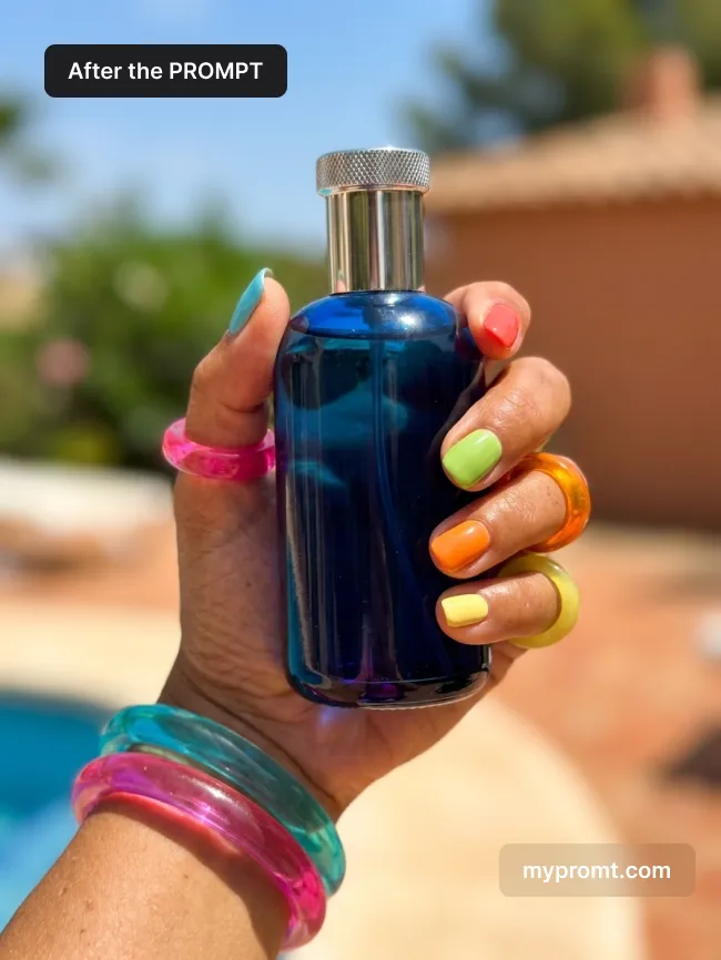 Blue glass bottle held in a hand with bright plastic bangles, blurred poolside behind