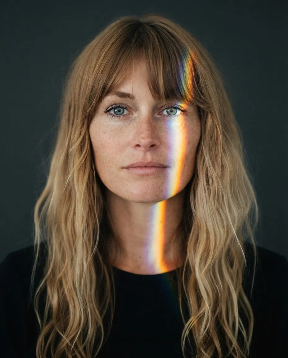 Close-up portrait with a band of refracted rainbow prism light falling across the face and neck