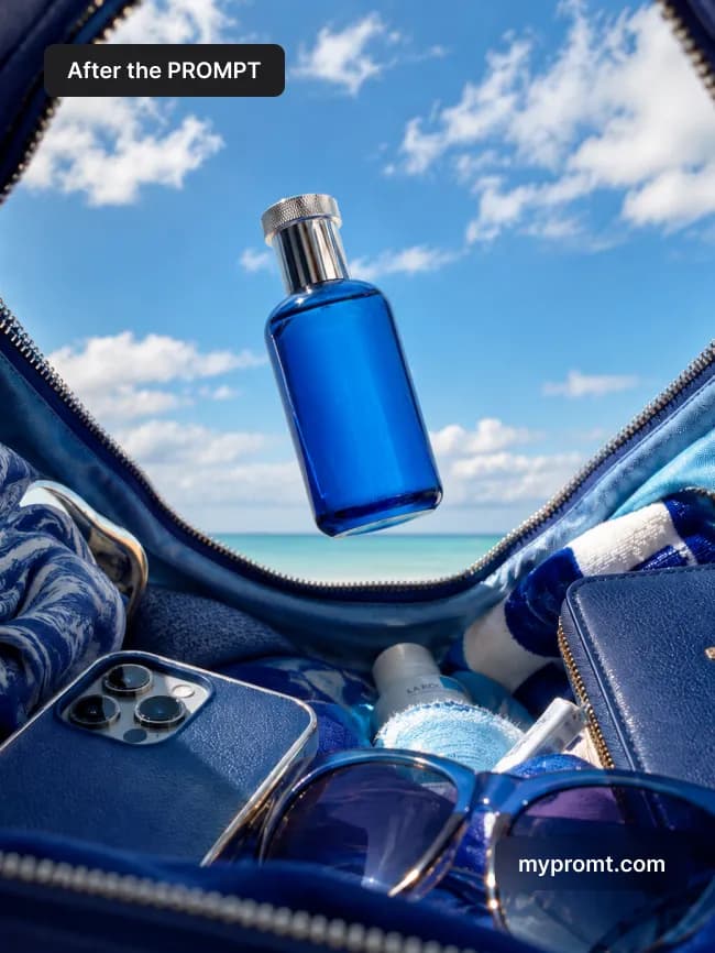 Blue glass bottle falling into an open beach tote packed with sunglasses and a phone, blue sky above