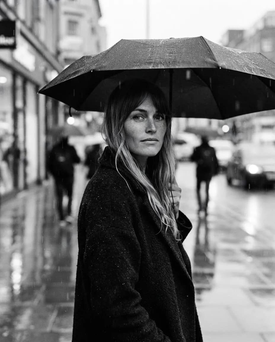 Black and white street portrait of a woman under an umbrella in the rain with wet reflective pavement