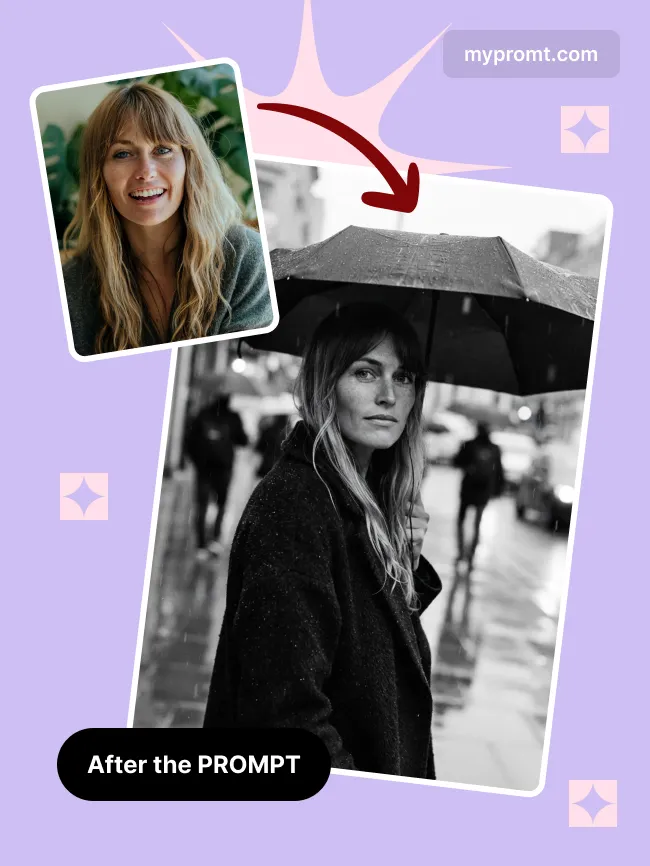 Rain umbrella street portrait, black & white — example 2