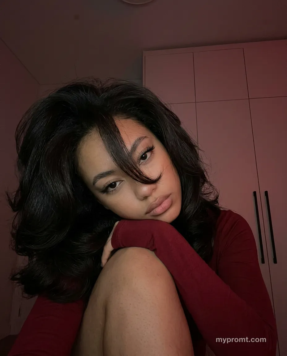 Dark low-key selfie of a woman in a red bodysuit resting her head on her knee, with a layered blowout and red light in front of a wardrobe