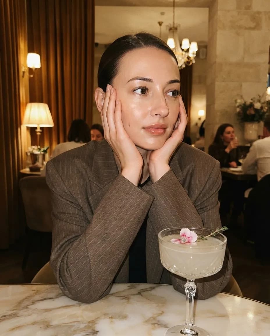 Evening selfie in a restaurant with both hands framing the face and a cocktail on a marble table