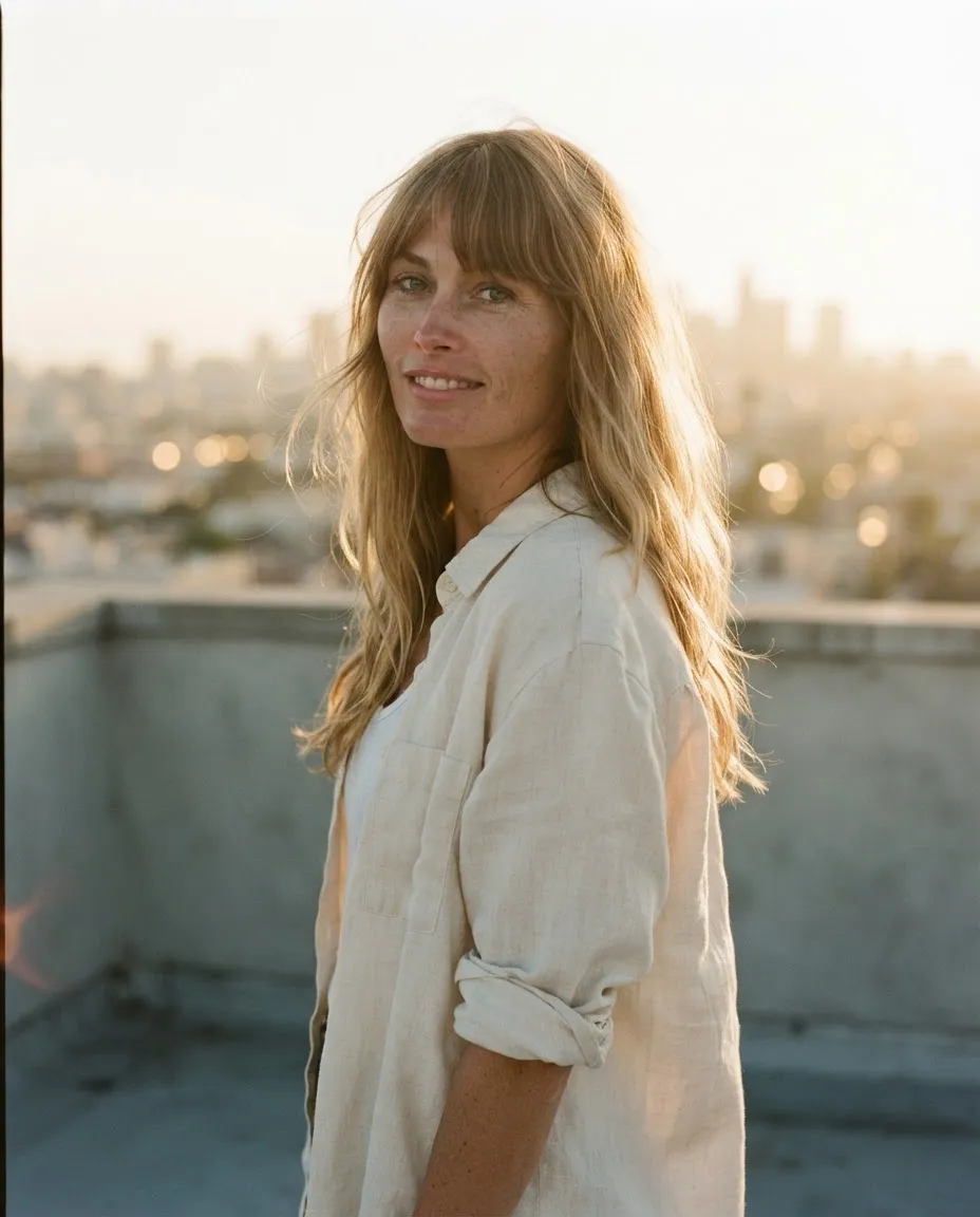 Woman on a city rooftop at golden hour with a hazy skyline behind her, warm sun on her face