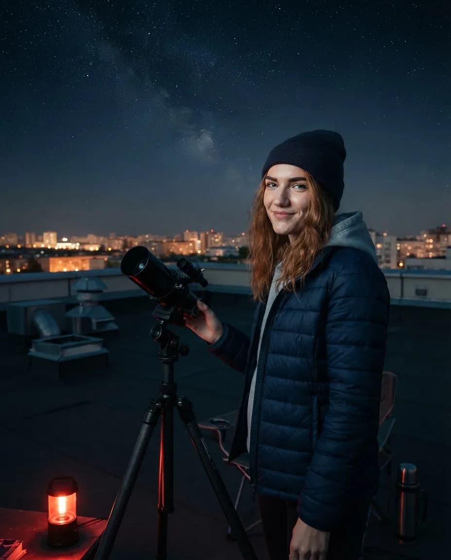 Young woman beside a telescope on a city rooftop at night with stars above the skyline