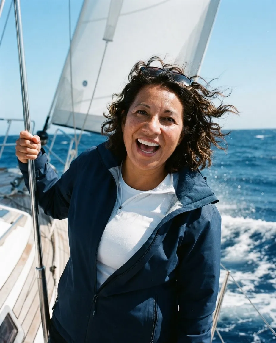 Woman on the deck of a sailing boat holding a rope, with a white sail and deep blue sea behind