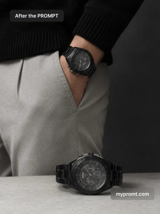 Black chronograph watch worn on a wrist above a pocket, the same watch lying on a grey table in front