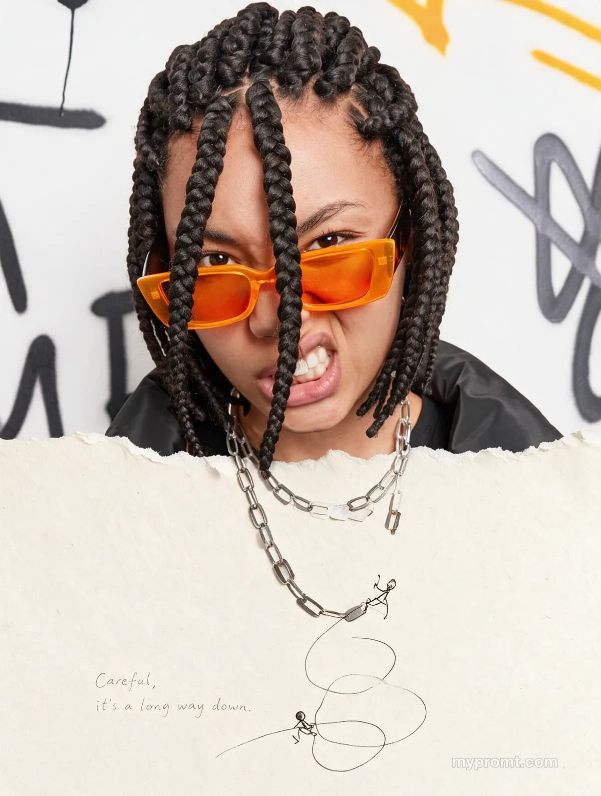 Poster torn across the middle: a photograph above, ivory paper below, a chain continuing from the photo into a drawn line with two tiny line figures on it