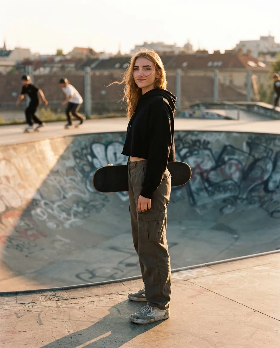 Young woman holding a skateboard at a concrete skate park in low golden light