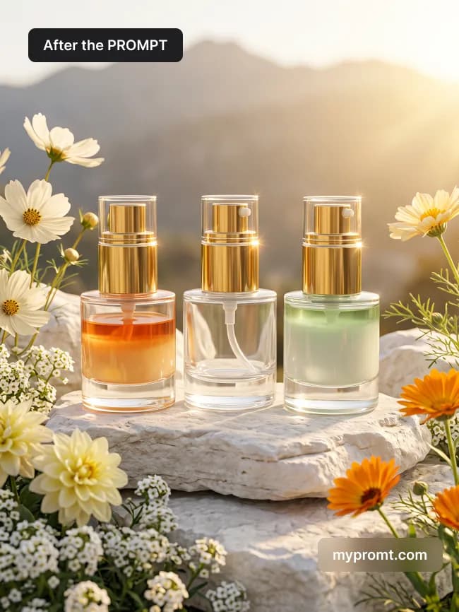 Three skincare bottles on a limestone rock among white and orange wildflowers in golden-hour light