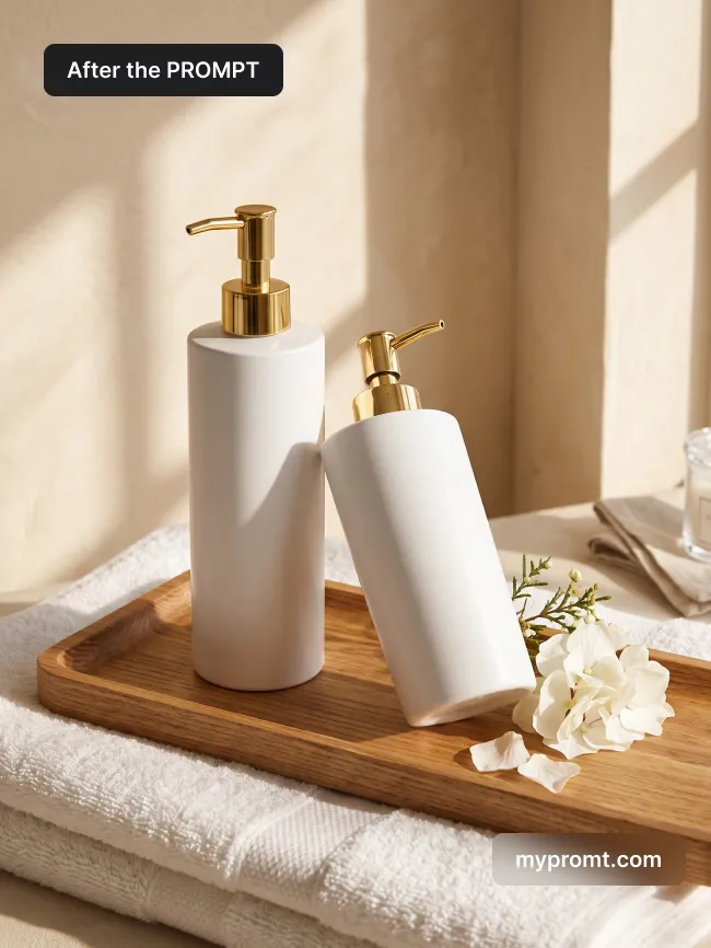 White pump dispensers on a wooden bath tray with folded terry towels and soft window-light shadows