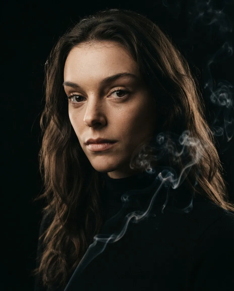 Moody studio portrait with thin smoke tendrils curling through the frame against a black background