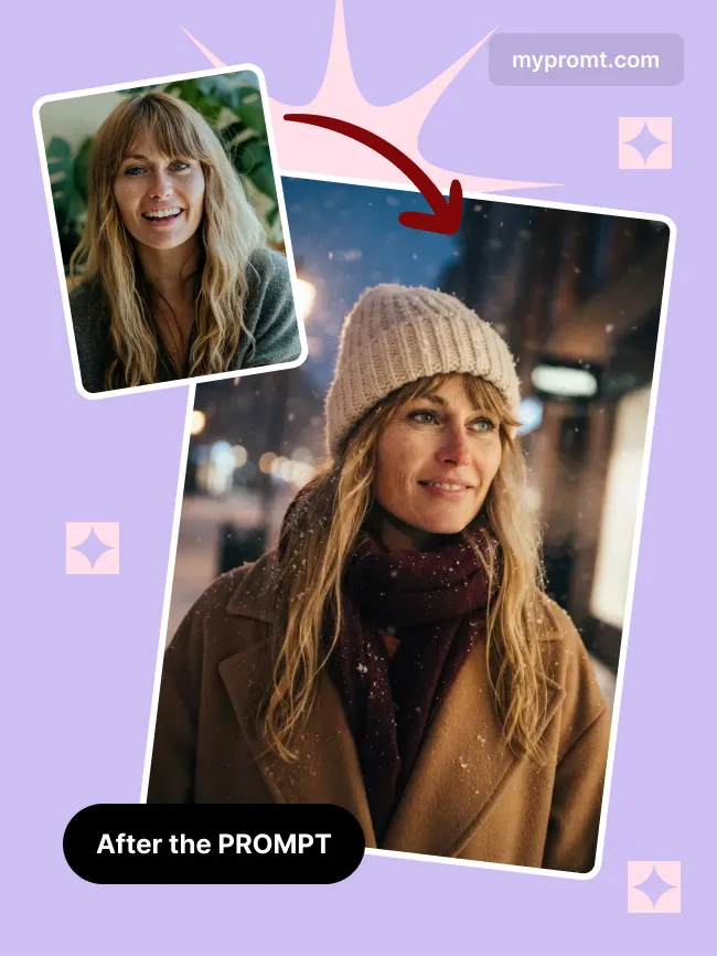 Snowfall night street portrait — example 2