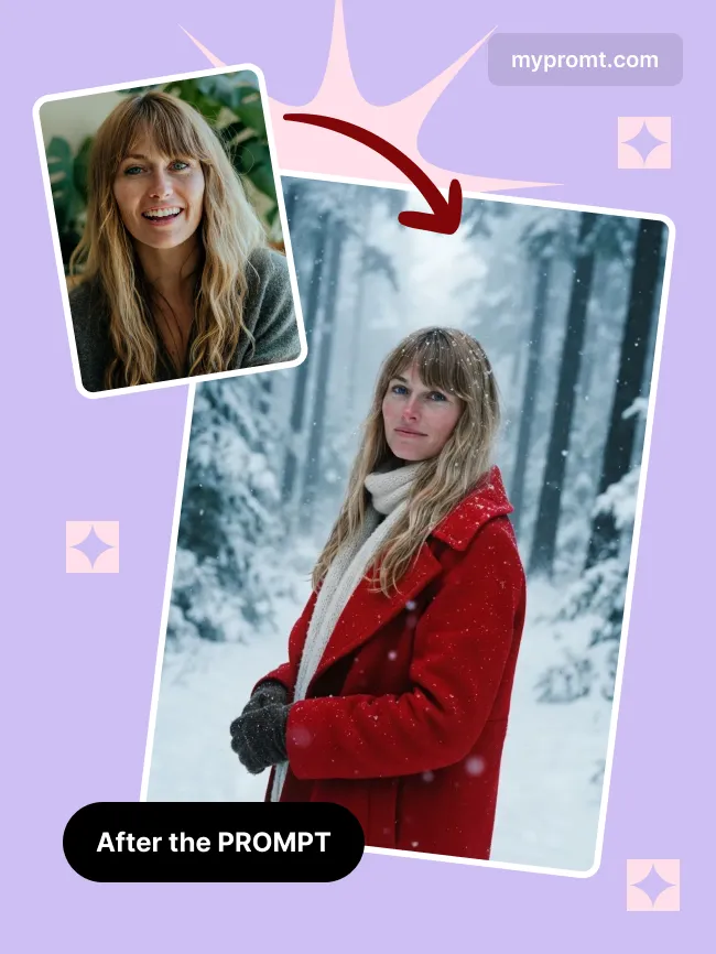 Snowy pine forest, red coat — example 2