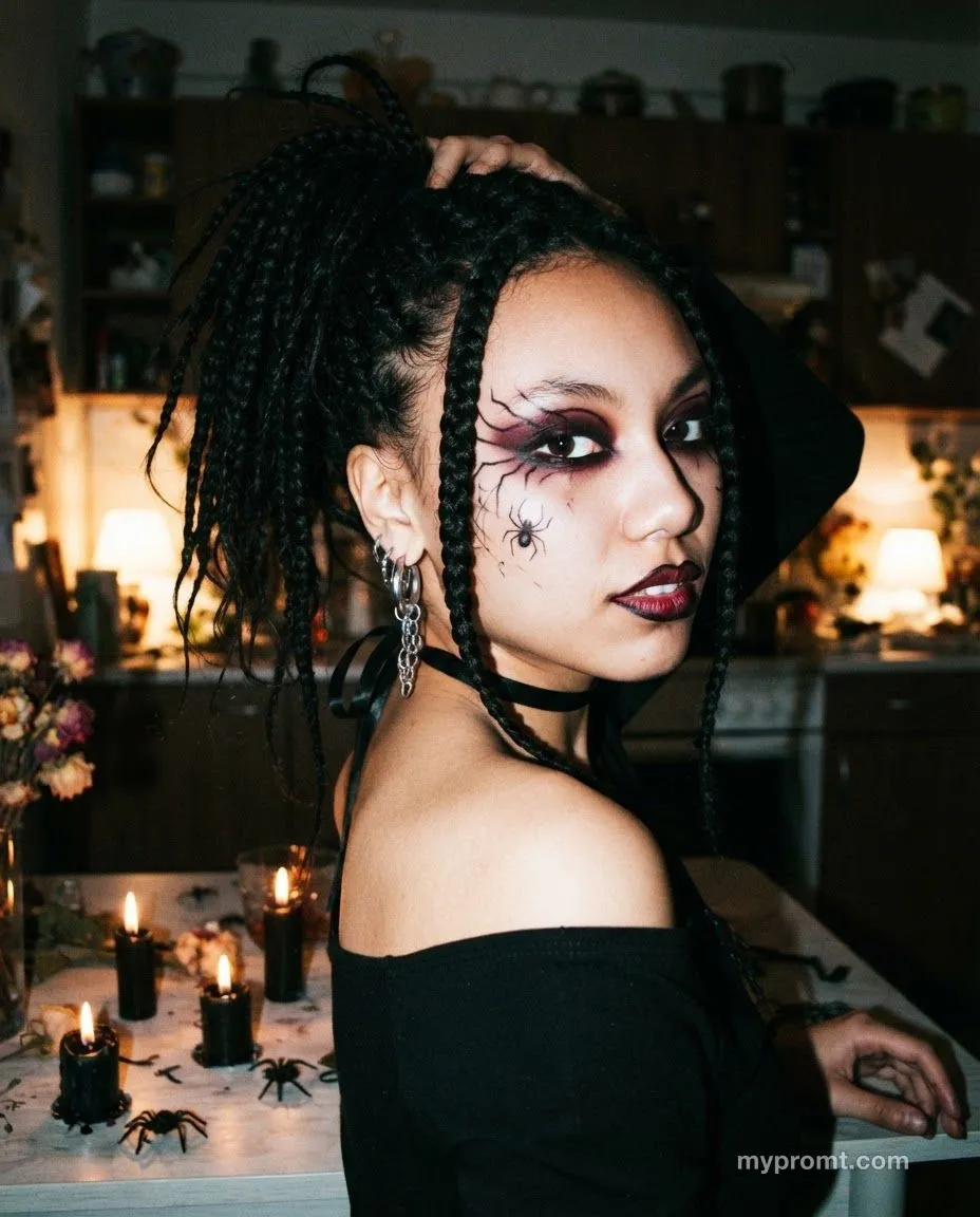 Night kitchen selfie with spider Halloween makeup, a high messy ponytail and black candles with decorative spiders on the table
